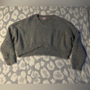 Pink Robin Fuzzy Grey Cropped V Neck Sweater